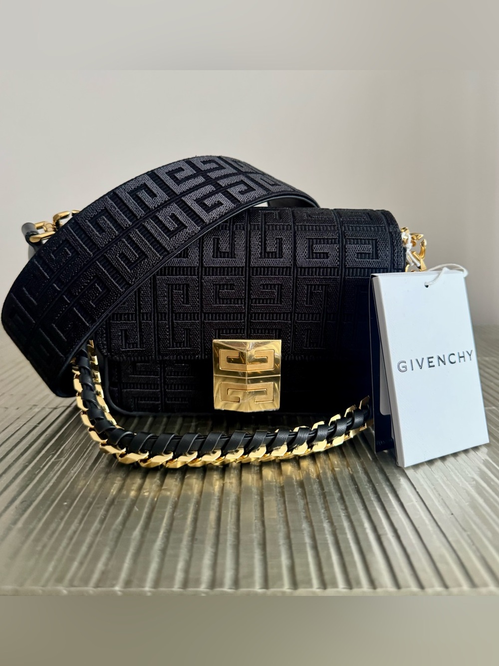 NWT Givenchy Canvas Woven Logo Embroidered 4G Small Bag With Chain Black